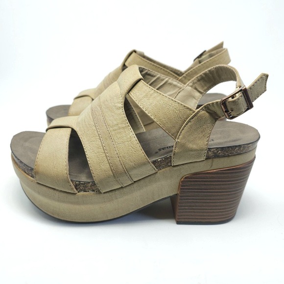 Pierre Dumas Platform Stacked Heel Chunky Y2K Cork Tan Leather Sandals Sz 8.5 - Picture 1 of 9